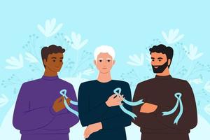 Group of young men with blue ribbons, symbol of prostate cancer awareness month. Vector banner