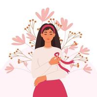 A woman with a pink ribbon on her chest is a symbol of the fight against breast cancer. Cancer prevention concept. Flat vector illustration