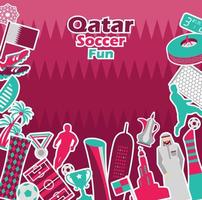 competición deportiva de fútbol, conjunto de iconos turísticos de qatar. fondo de doha en color bandera nacional. día Nacional. fútbol de oriente medio. vector