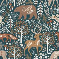 Seamless pattern with cute woodland animals, trees and leaves. Scandinavian woodland illustration. Perfect for textile, wallpaper or print design. vector