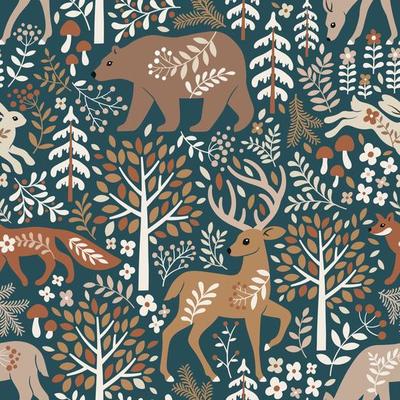 Seamless pattern with cute woodland animals, trees and leaves. Scandinavian woodland illustration. Perfect for textile, wallpaper or print design.