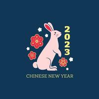 Chinese new year card. Chinese rabbit with flowers. Flat vector illustration.