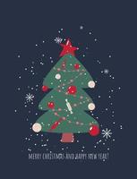 el lindo árbol de navidad plano verde con estrella roja en la parte superior del árbol y adornos navideños vector