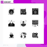 Group of 9 Solid Glyphs Signs and Symbols for offshore close web meal drink Editable Vector Design Elements