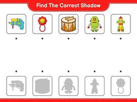 encontrar la sombra correcta. encuentra y combina la sombra correcta del sonajero, el personaje del robot, la pistola de agua, el cohete y el tambor. juego educativo para niños, hoja de cálculo imprimible, ilustración vectorial vector