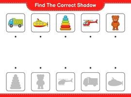 Find the correct shadow. Find and match the correct shadow of Helicopter, Lorry, Pyramid Toy, Submarine, and Teddy Bear. Educational children game, printable worksheet, vector illustration