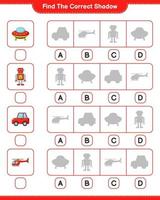 Find the correct shadow. Find and match the correct shadow of Helicopter, Ufo, Robot Character, and Car. Educational children game, printable worksheet, vector illustration