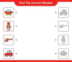 Find the correct shadow. Find and match the correct shadow of Helicopter, Ufo, Robot Character, and Car. Educational children game, printable worksheet, vector illustration