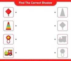 Find the correct shadow. Find and match the correct shadow of Pyramid Toy, Baby Rattle, Kite, and Train. Educational children game, printable worksheet, vector illustration