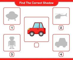 Find the correct shadow. Find and match the correct shadow of Car. Educational children game, printable worksheet, vector illustration