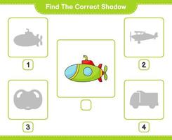 encontrar la sombra correcta. encuentra y combina la sombra correcta del submarino. juego educativo para niños, hoja de cálculo imprimible, ilustración vectorial vector