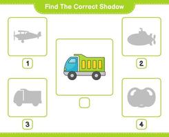 encontrar la sombra correcta. encontrar y hacer coincidir la sombra correcta del camión. juego educativo para niños, hoja de cálculo imprimible, ilustración vectorial vector