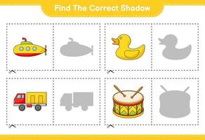 Find the correct shadow. Find and match the correct shadow of Submarine, Rubber Duck, Lorry, and Drum. Educational children game, printable worksheet, vector illustration