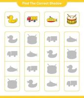 Find the correct shadow. Find and match the correct shadow of Submarine, Rubber Duck, Lorry, and Drum. Educational children game, printable worksheet, vector illustration