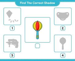 encontrar la sombra correcta. encuentra y combina la sombra correcta del sonajero. juego educativo para niños, hoja de cálculo imprimible, ilustración vectorial vector