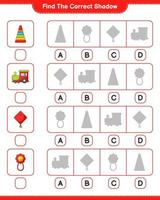 Find the correct shadow. Find and match the correct shadow of Pyramid Toy, Baby Rattle, Kite, and Train. Educational children game, printable worksheet, vector illustration