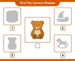 encontrar la sombra correcta. encuentra y combina la sombra correcta del oso de peluche. juego educativo para niños, hoja de cálculo imprimible, ilustración vectorial vector