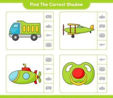 Find the correct shadow. Find and match the correct shadow of Lorry, Plane, Submarine, and Pacifier. Educational children game, printable worksheet, vector illustration