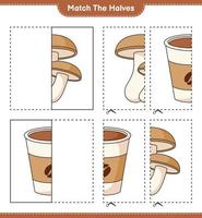 Empareja las mitades. combine las mitades de shiitake y la taza de café. juego educativo para niños, hoja de cálculo imprimible, ilustración vectorial vector