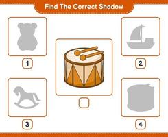 Find the correct shadow. Find and match the correct shadow of Drum. Educational children game, printable worksheet, vector illustration