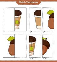 Match the halves. Match halves of Acorn and Tea Cup. Educational children game, printable worksheet, vector illustration