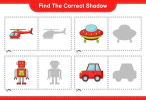 Find the correct shadow. Find and match the correct shadow of Helicopter, Ufo, Robot Character, and Car. Educational children game, printable worksheet, vector illustration