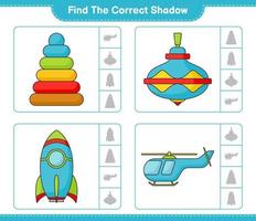 Find the correct shadow. Find and match the correct shadow of Pyramid Toy, Whirligig Toy, Rocket, and Helicopter. Educational children game, printable worksheet, vector illustration