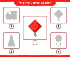 Find the correct shadow. Find and match the correct shadow of Kite. Educational children game, printable worksheet, vector illustration