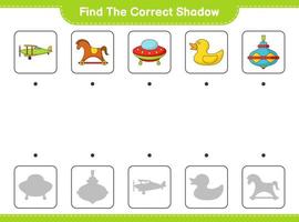 Find the correct shadow. Find and match the correct shadow of Ufo, Plane, Whirligig Toy, Rubber Duck, and Rocking Horse. Educational children game, printable worksheet, vector illustration