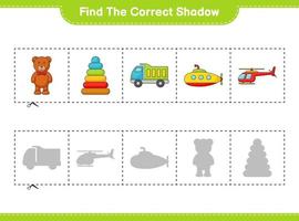 Find the correct shadow. Find and match the correct shadow of Helicopter, Lorry, Pyramid Toy, Submarine, and Teddy Bear. Educational children game, printable worksheet, vector illustration