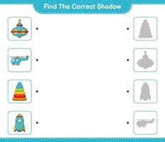 Find the correct shadow. Find and match the correct shadow of Pyramid Toy, Whirligig Toy, Rocket, and Helicopter. Educational children game, printable worksheet, vector illustration