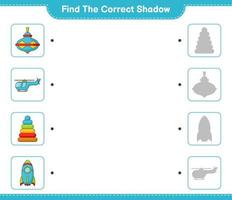 Find the correct shadow. Find and match the correct shadow of Pyramid Toy, Whirligig Toy, Rocket, and Helicopter. Educational children game, printable worksheet, vector illustration