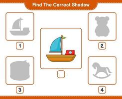 Find the correct shadow. Find and match the correct shadow of Boat. Educational children game, printable worksheet, vector illustration