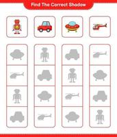 Find the correct shadow. Find and match the correct shadow of Helicopter, Ufo, Robot Character, and Car. Educational children game, printable worksheet, vector illustration