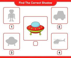 encontrar la sombra correcta. encuentra y combina la sombra correcta del ovni. juego educativo para niños, hoja de cálculo imprimible, ilustración vectorial vector