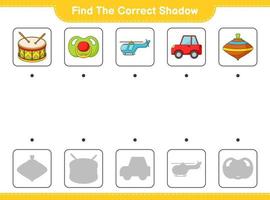 Find the correct shadow. Find and match the correct shadow of Pyramid Car, Pacifier, Helicopter, Drum, and Whirligig Toy. Educational children game, printable worksheet, vector illustration