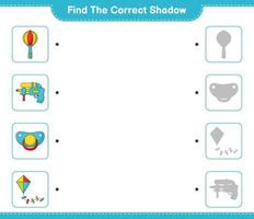 Find the correct shadow. Find and match the correct shadow of Kite, Water Gun, Baby Rattle, and Pacifier. Educational children game, printable worksheet, vector illustration