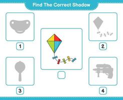 encontrar la sombra correcta. encuentra y combina la sombra correcta de la cometa. juego educativo para niños, hoja de cálculo imprimible, ilustración vectorial vector