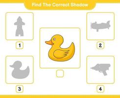 Find the correct shadow. Find and match the correct shadow of Rubber Duck. Educational children game, printable worksheet, vector illustration