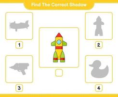 Find the correct shadow. Find and match the correct shadow of Rocket. Educational children game, printable worksheet, vector illustration