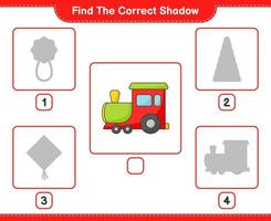 encontrar la sombra correcta. encuentra y combina la sombra correcta del tren. juego educativo para niños, hoja de cálculo imprimible, ilustración vectorial vector