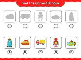 Find the correct shadow. Find and match the correct shadow of Robot Character, Submarine, Rocket, Lorry, and Boat. Educational children game, printable worksheet, vector illustration