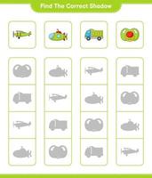 Find the correct shadow. Find and match the correct shadow of Lorry, Plane, Submarine, and Pacifier. Educational children game, printable worksheet, vector illustration