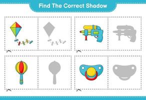 Find the correct shadow. Find and match the correct shadow of Kite, Water Gun, Baby Rattle, and Pacifier. Educational children game, printable worksheet, vector illustration
