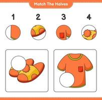 Match the halves. Match halves of Tshirt and Slippers. Educational children game, printable worksheet, vector illustration