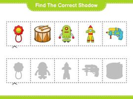 Find the correct shadow. Find and match the correct shadow of Baby Rattle, Robot Character, Water Gun, Rocket, and Drum. Educational children game, printable worksheet, vector illustration