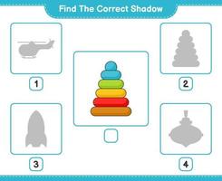 Find the correct shadow. Find and match the correct shadow of Pyramid Toy. Educational children game, printable worksheet, vector illustration