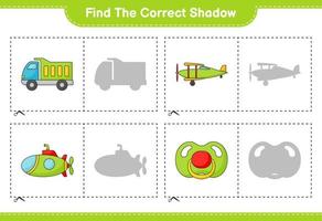 Find the correct shadow. Find and match the correct shadow of Lorry, Plane, Submarine, and Pacifier. Educational children game, printable worksheet, vector illustration