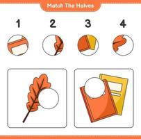 Match the halves. Match halves of Oak Leaf and Book. Educational children game, printable worksheet, vector illustration