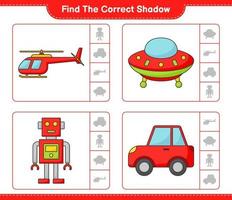 Find the correct shadow. Find and match the correct shadow of Helicopter, Ufo, Robot Character, and Car. Educational children game, printable worksheet, vector illustration